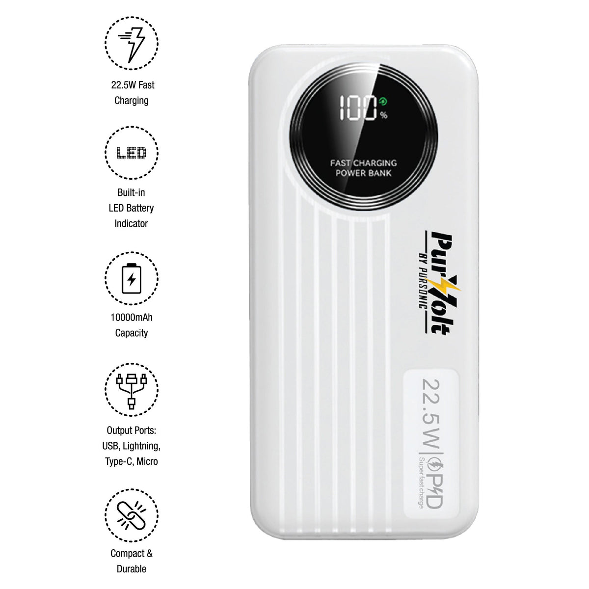 Pursonic 10,000mAh LED Fast Charging Power Bank – Built-in Cables, 22.5W Output, Type-C/USB/Lightning Compatibility